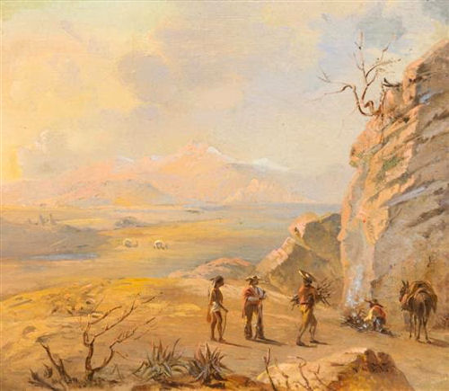 Image torrid, landscape, with gauchos lighting a campfire.
