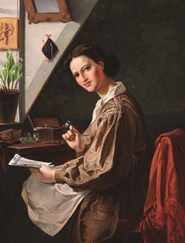Oil Painting "----young woman reading an Easter letter"